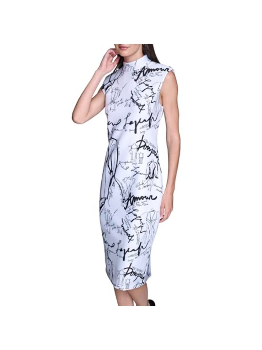 Sleeveless Mock Neck Printed Scuba Crepe Sheath Dress